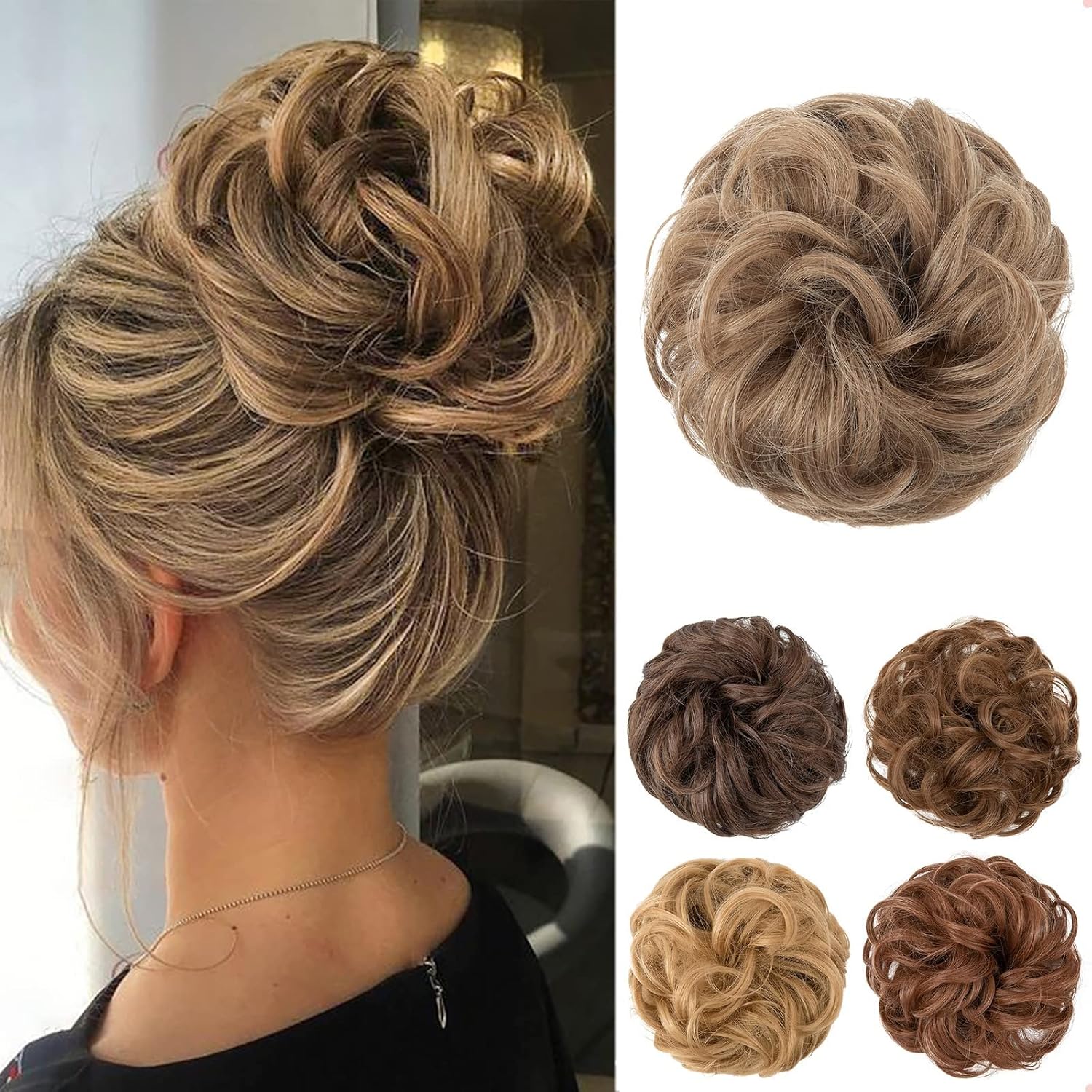 JJstar - Chignon postiche bouclé, élastique, cheveux naturels, mélange brun blond