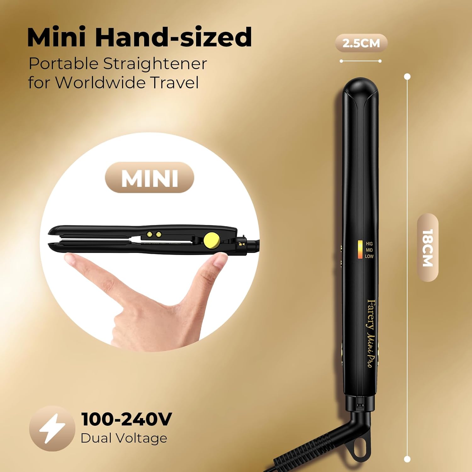 Farery - Mini fer à lisser - compact - Température réglable, arrêt auto, double tension