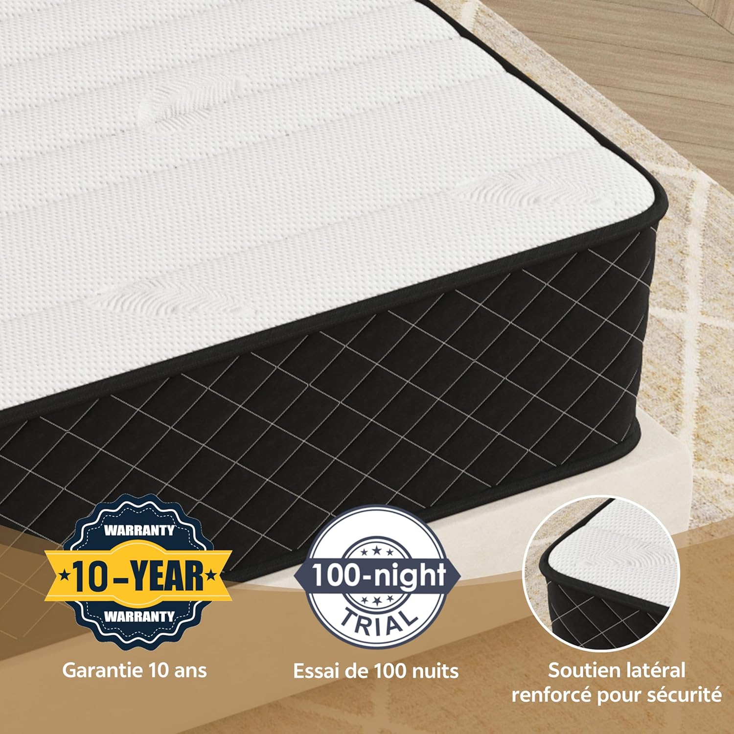PurrJoys - Matelas Hybride - 90x200 cm - Ressorts H3/H4, mémoire de forme, 7 zones ergonomiques, 20 cm