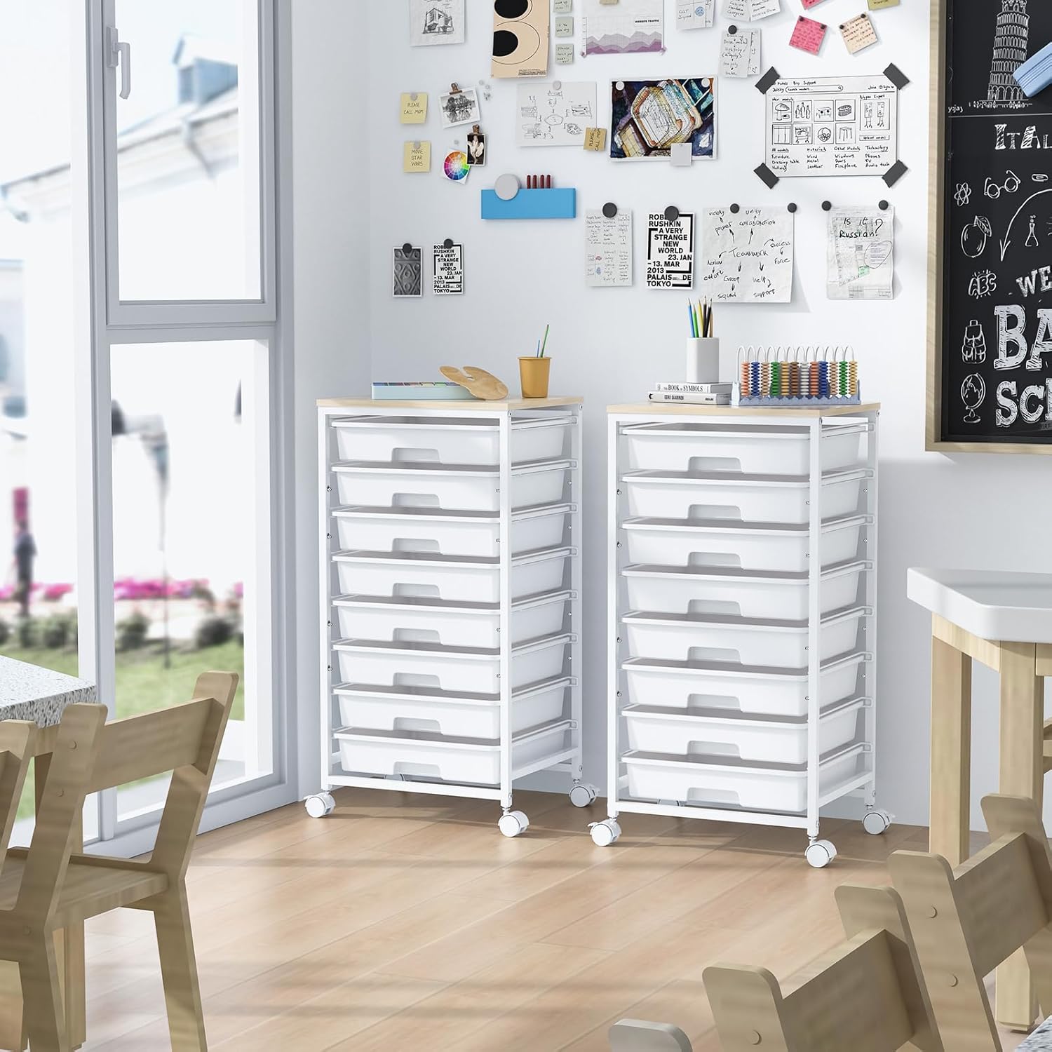 Chariot de salle de bain - 8 tiroirs - grande capacité, plateau bois, roulettes, blanc - rangement multi-usages