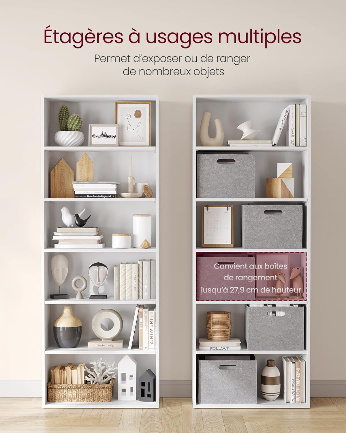 VASAGLE - bibliothèque 6 niveaux - 24x60x160,7 cm - blanc, ouverte, LBC166T14