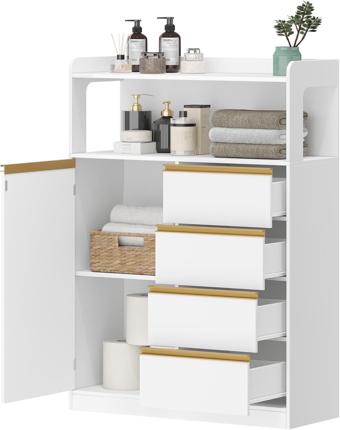 Meuble Salle de Bain - rangement 4 tiroirs, étagères réglables - 30x80x110 cm