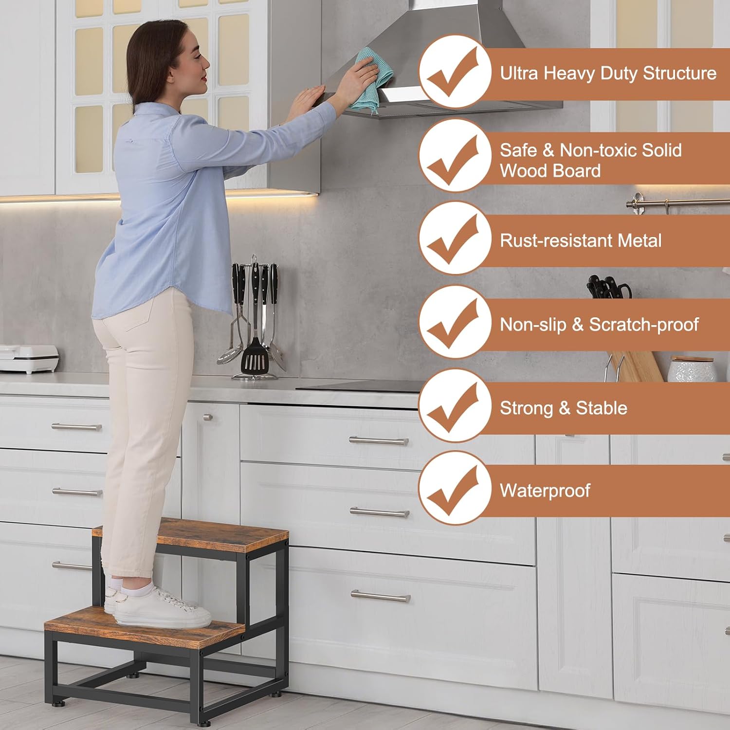 LIANTRAL - marchepied 2 niveaux - acier/bois - charge 200kg, marron/noir