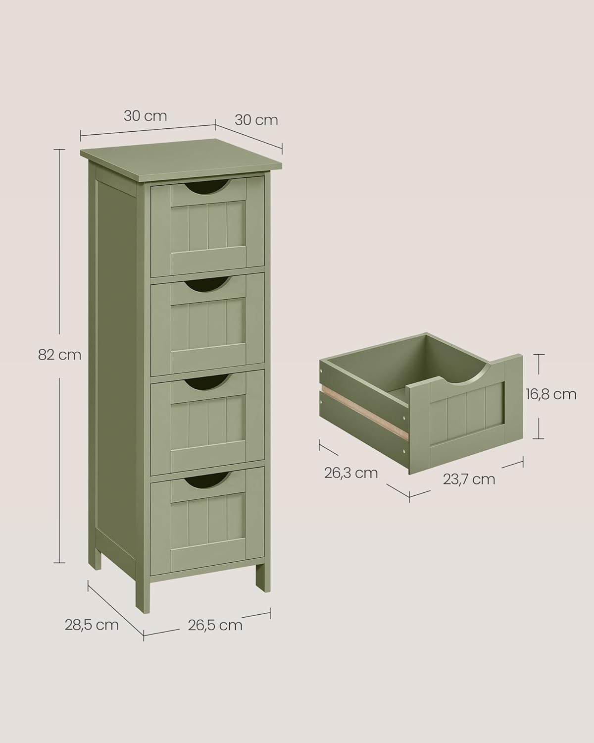 VASAGLE - armoire sur pied Vert Olive - 30x30x82 cm - 4 tiroirs, style moderne LHC040C02
