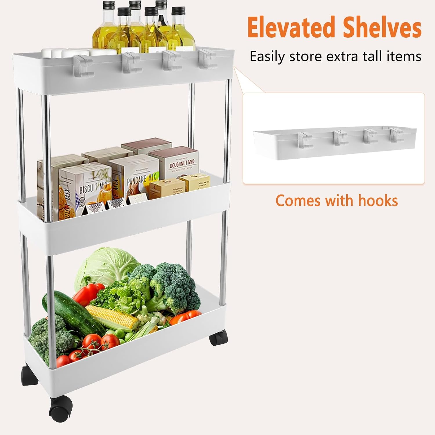 Chariot de rangement 3 niveaux blanc, étagère mobile à roulettes, multifonction