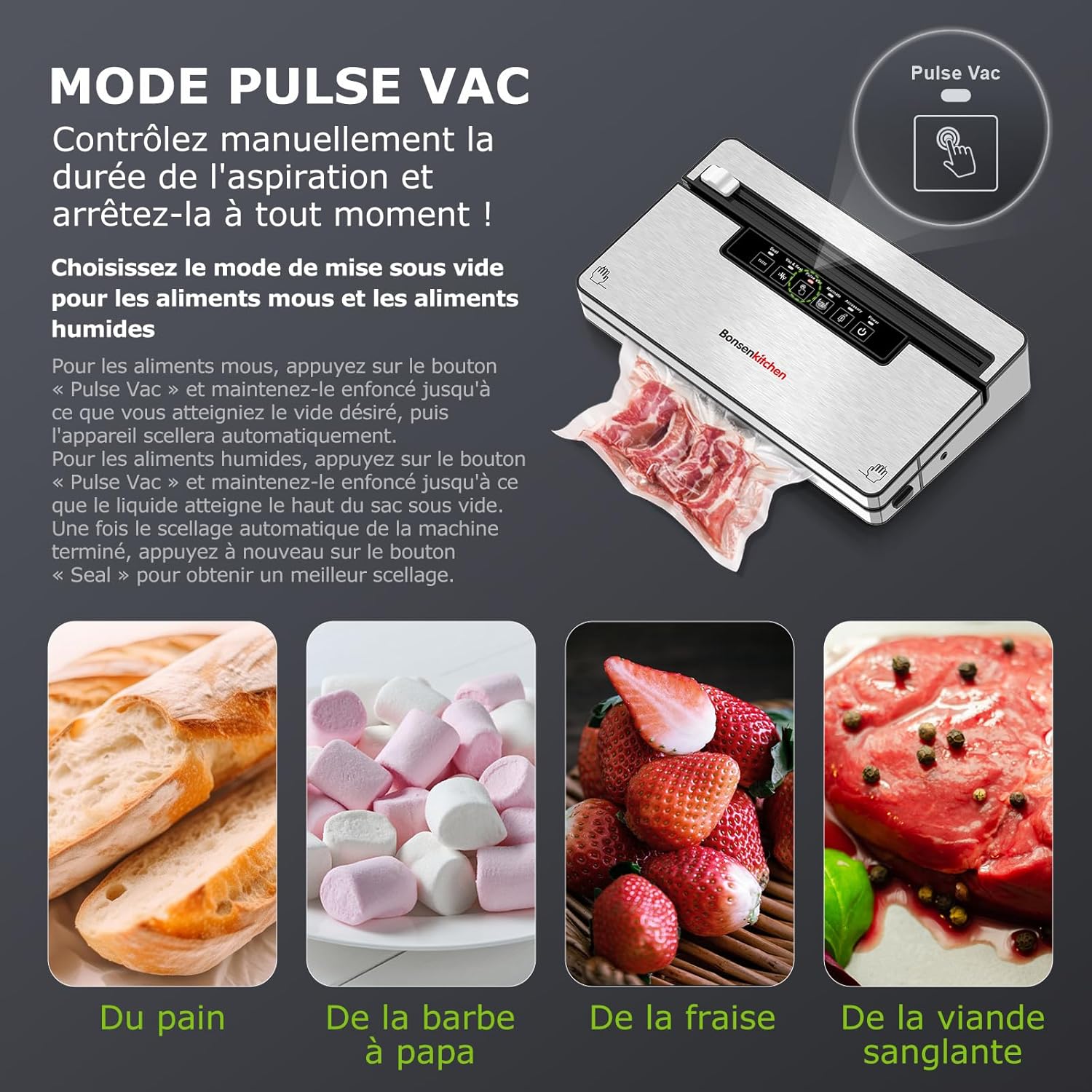 Bonsenkitchen - machine sous vide 8 L/min, 5 modes, sacs inclus