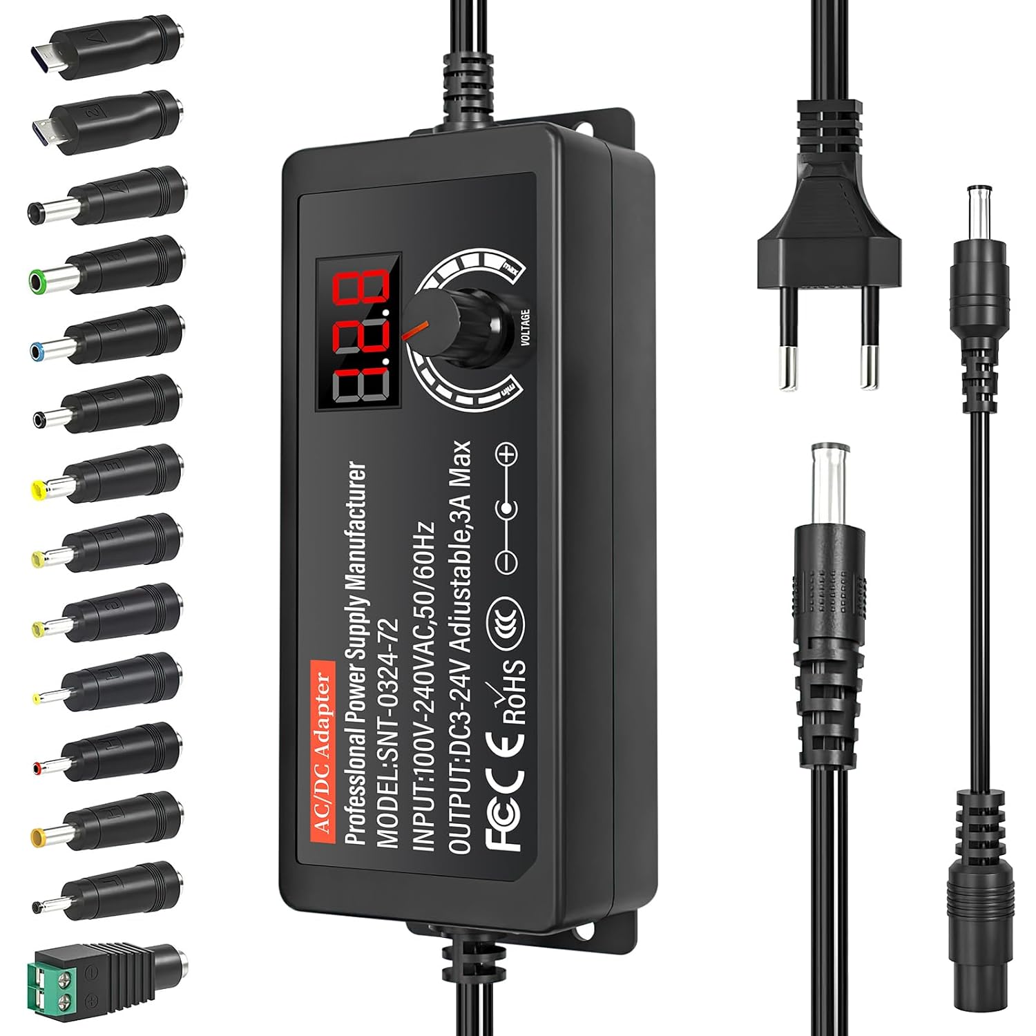 Alimentation universelle - 72W, 24V - 14 embouts, polarité inversée, 3000mA max