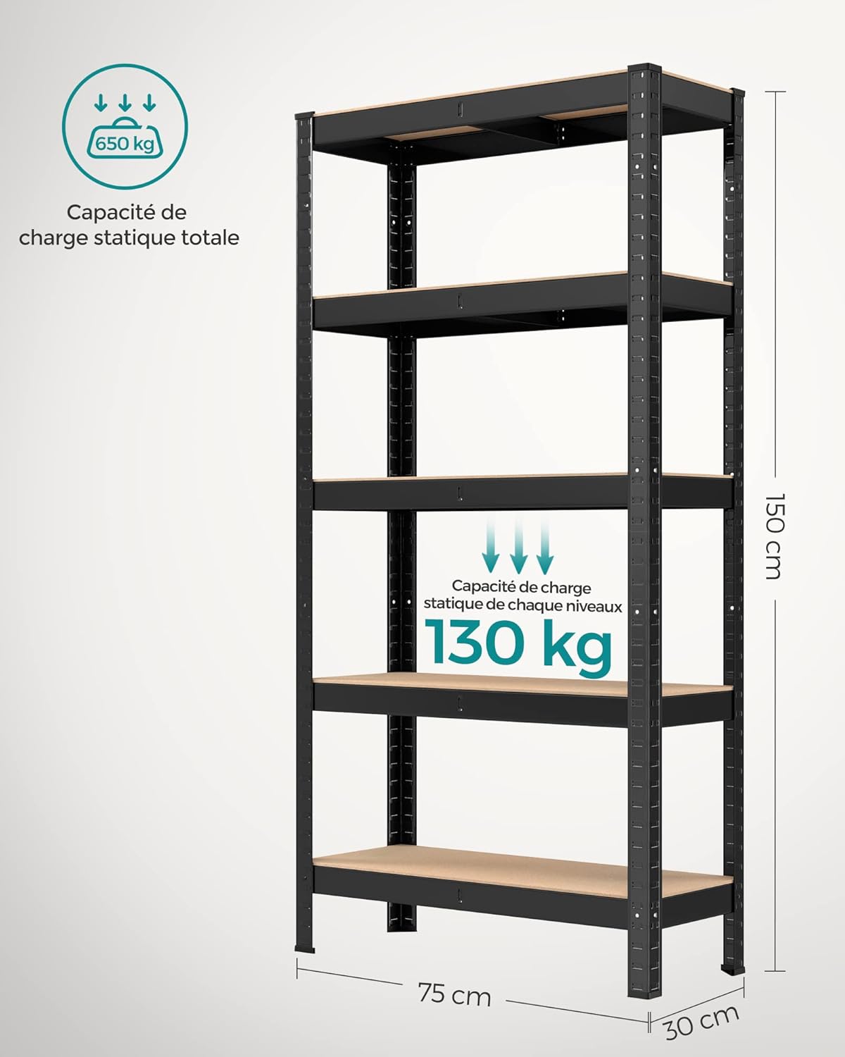SONGMICS - étagère industrielle 5 niveaux - 30x75x150cm - 650kg, planches réglables - GLR030B22