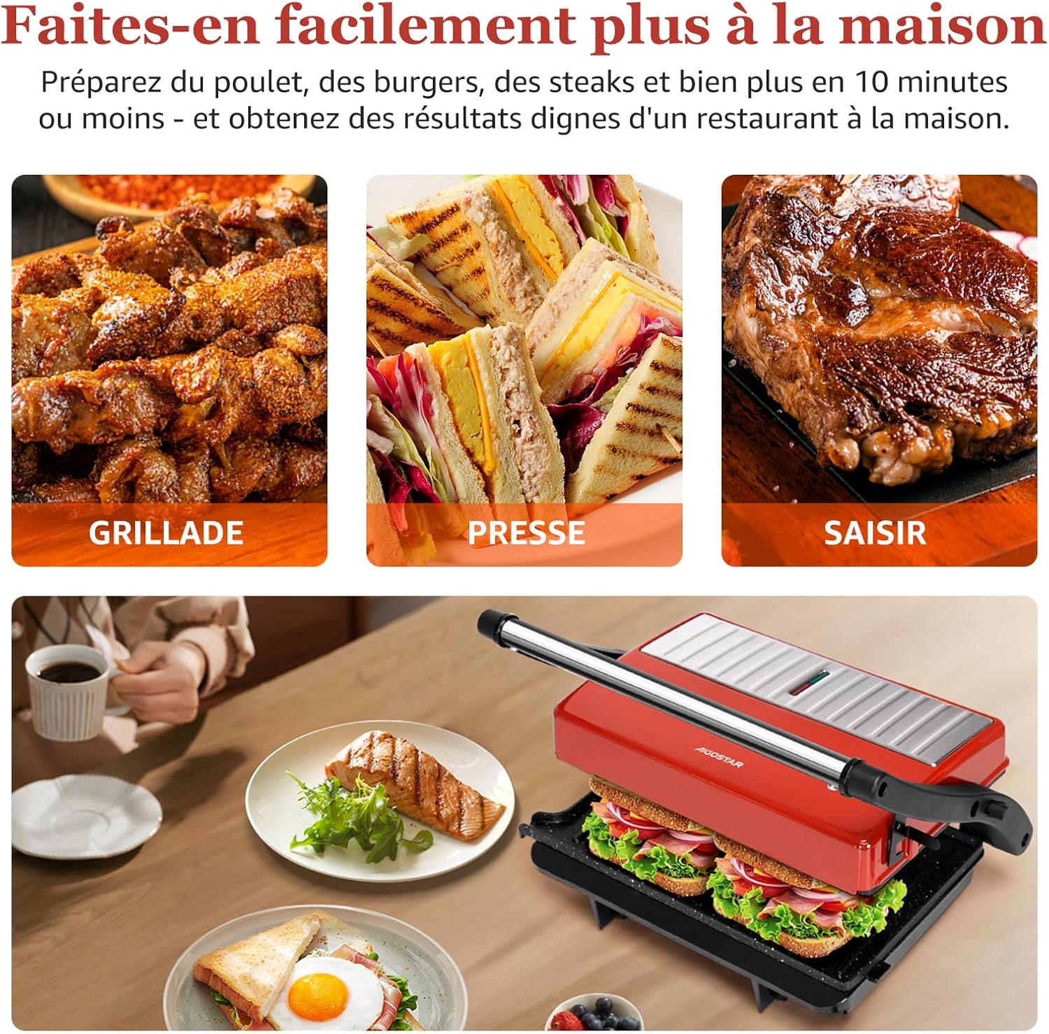 Aigostar - Warme - grille-viande 180° 1000W plaques antiadhésives