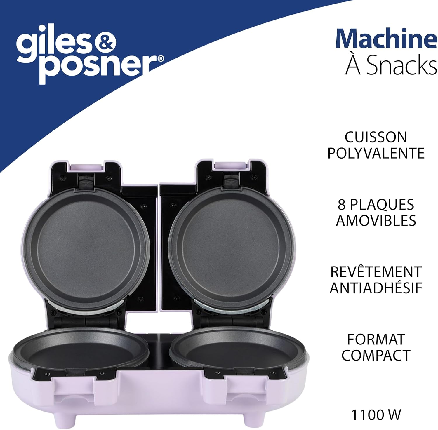 Giles & Posner – Snack Maker compact, plaques amovibles, 4 fonctions, violet pastel