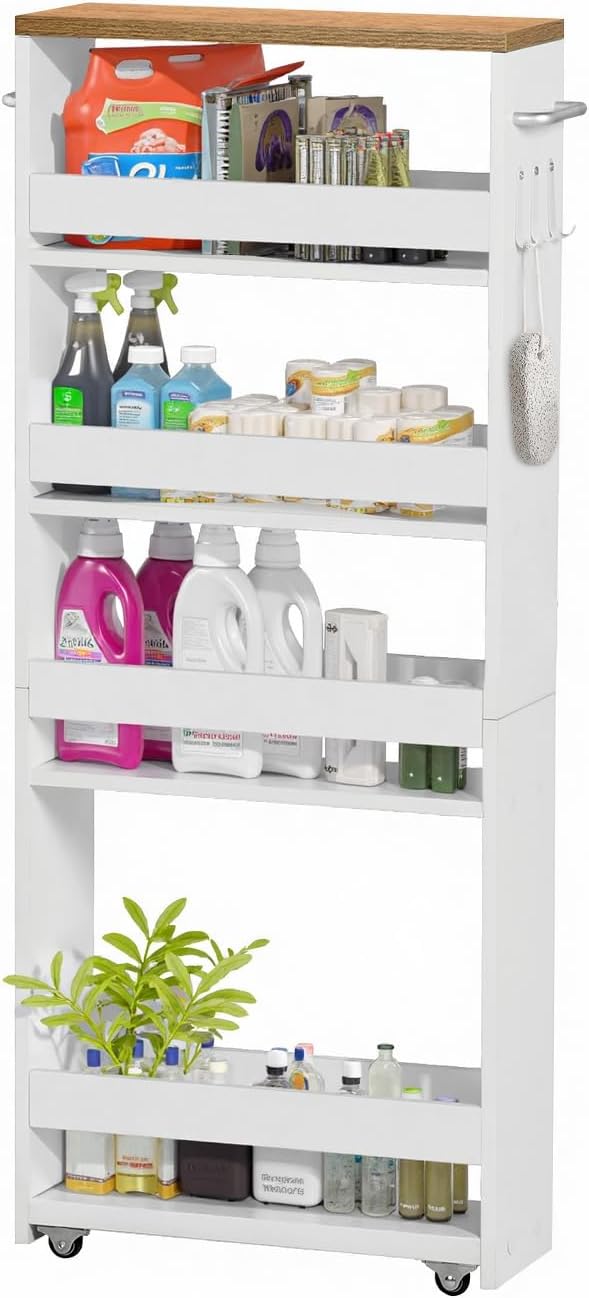 Chariot de rangement - 5 niveaux, 15cm, roulettes, étroit, cuisine