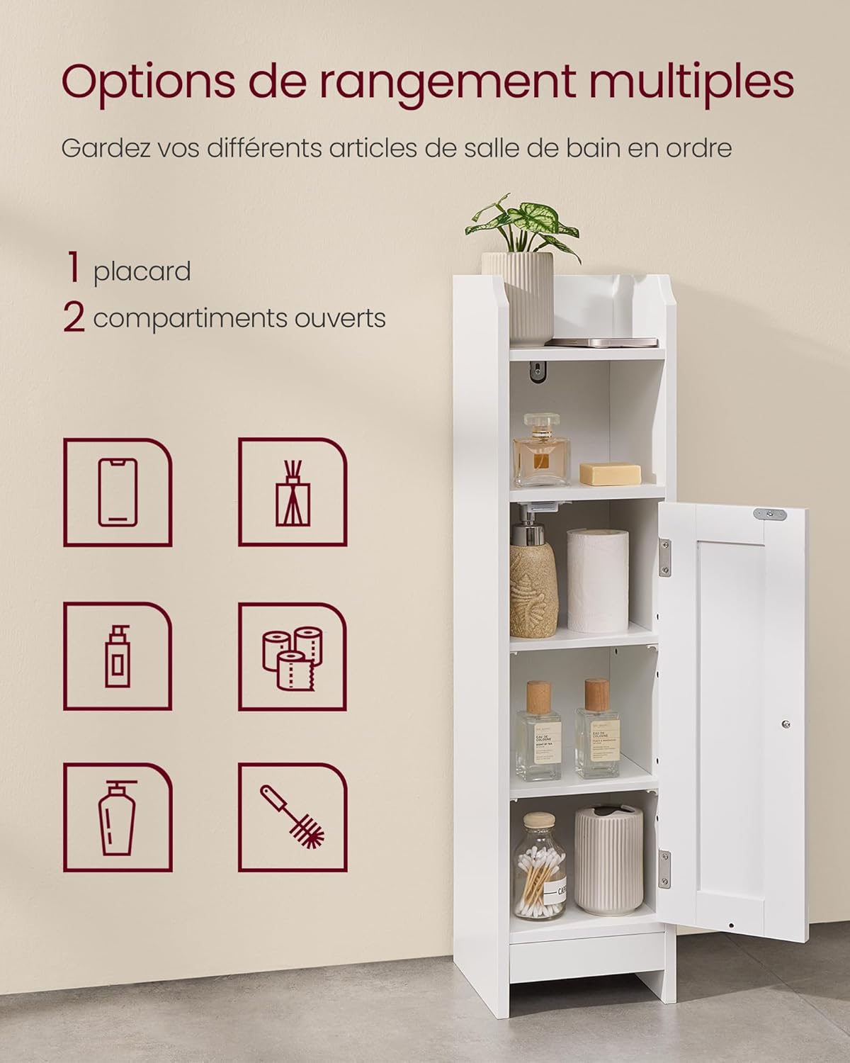 VASAGLE - meuble salle de bain angle, 20x18x80cm, blanc, portes/étagères réglables, BBC310W01