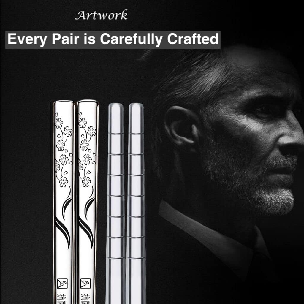 Baguettes réutilisables - acier inox, gravure laser, lot 5 paires, coffret cadeau