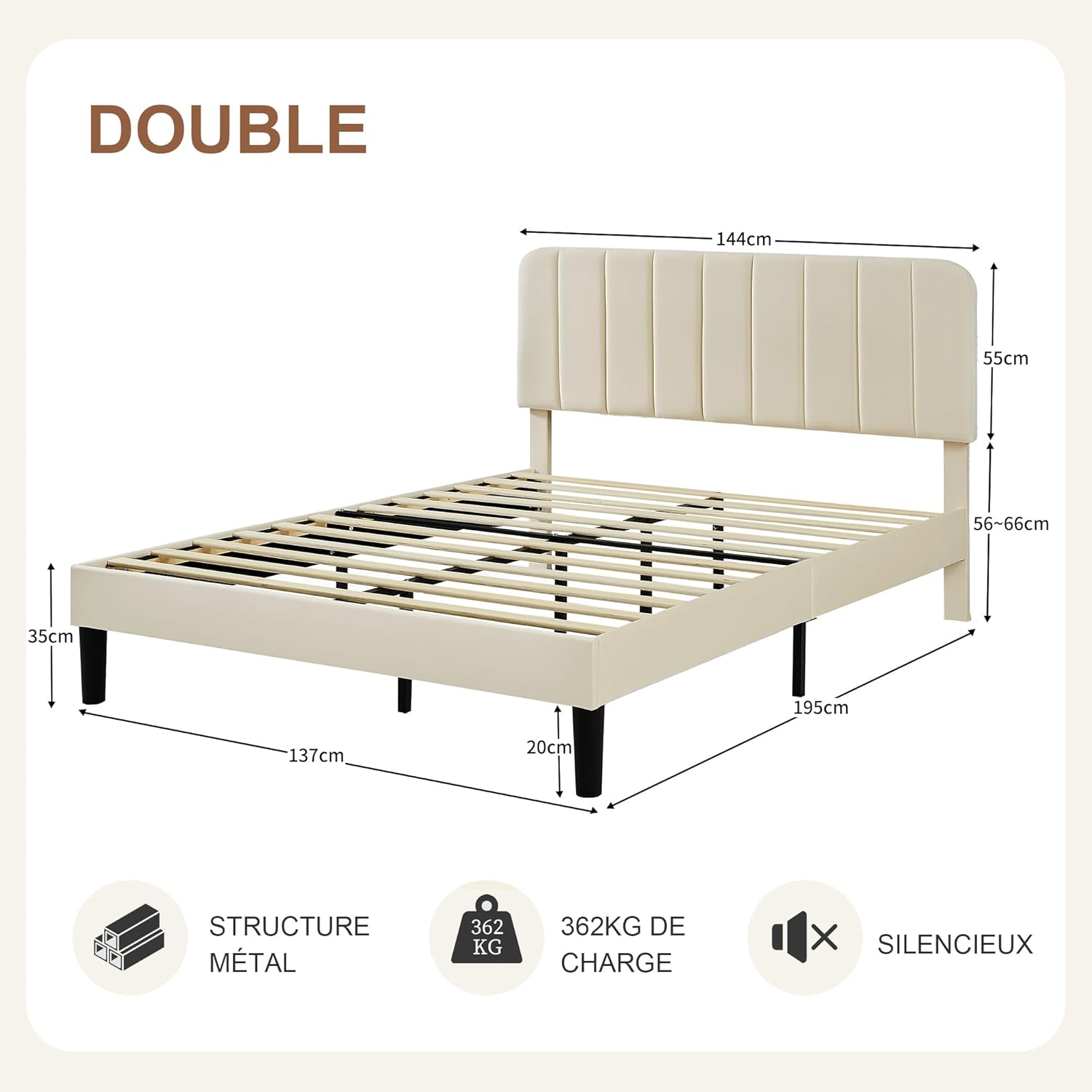 VECELO - lit double rembourré - 140x190 cm - lattes bois, velours, beige