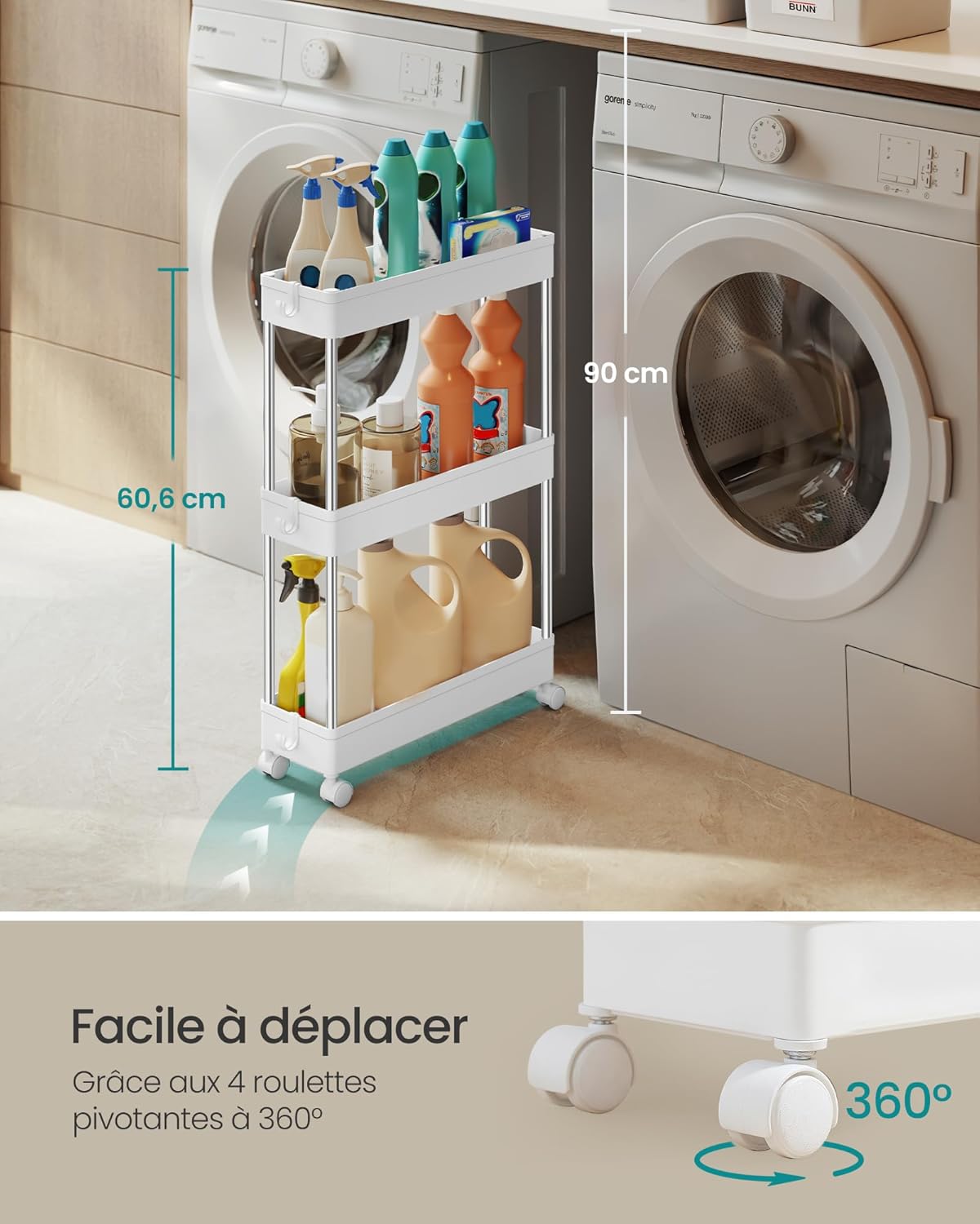 SONGMICS - chariot cuisine 3 niveaux, acier, 42x14,4x60,6 cm, 6 crochets, KSC007W01