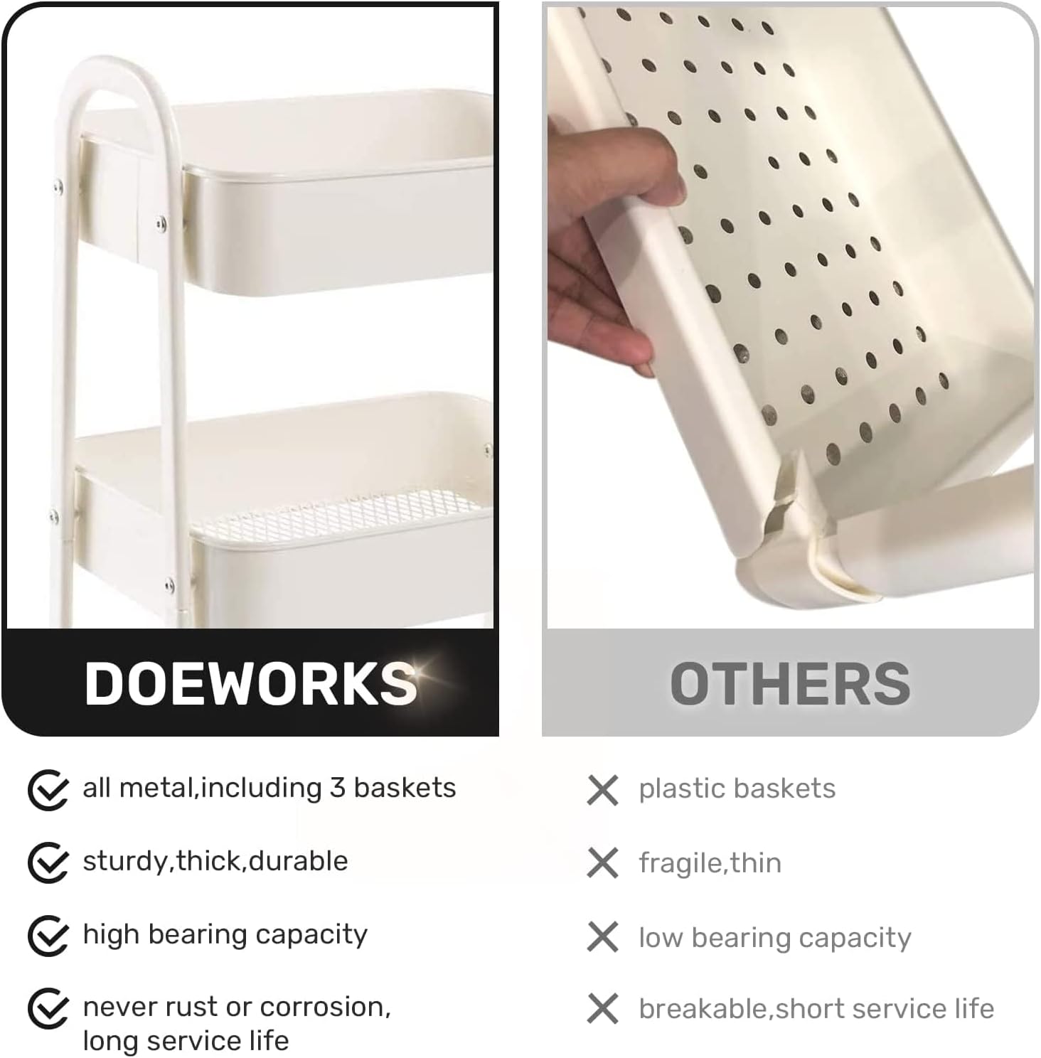 DOEWORKS - Chariot métal 3 niveaux à roulettes, blanc, rangement multiusage