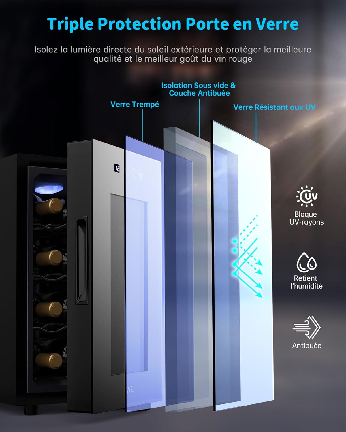 WIE - Cave à vin 8 bouteilles, 23L, façade miroir, écran tactile, ultra-silencieuse
