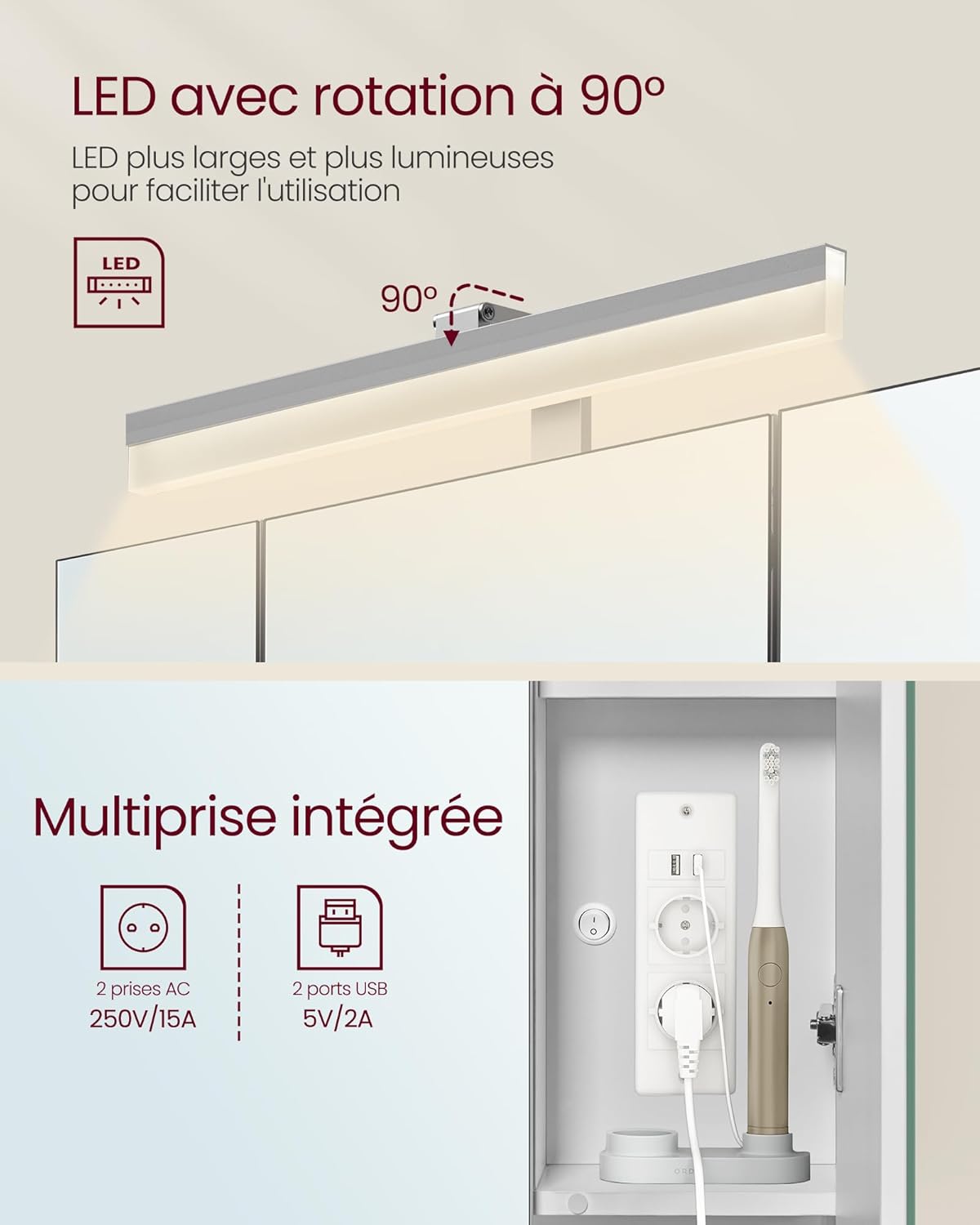 VASAGLE - meuble salle de bain LED, 16.5x70x75 cm, multiprise, BBK126W01