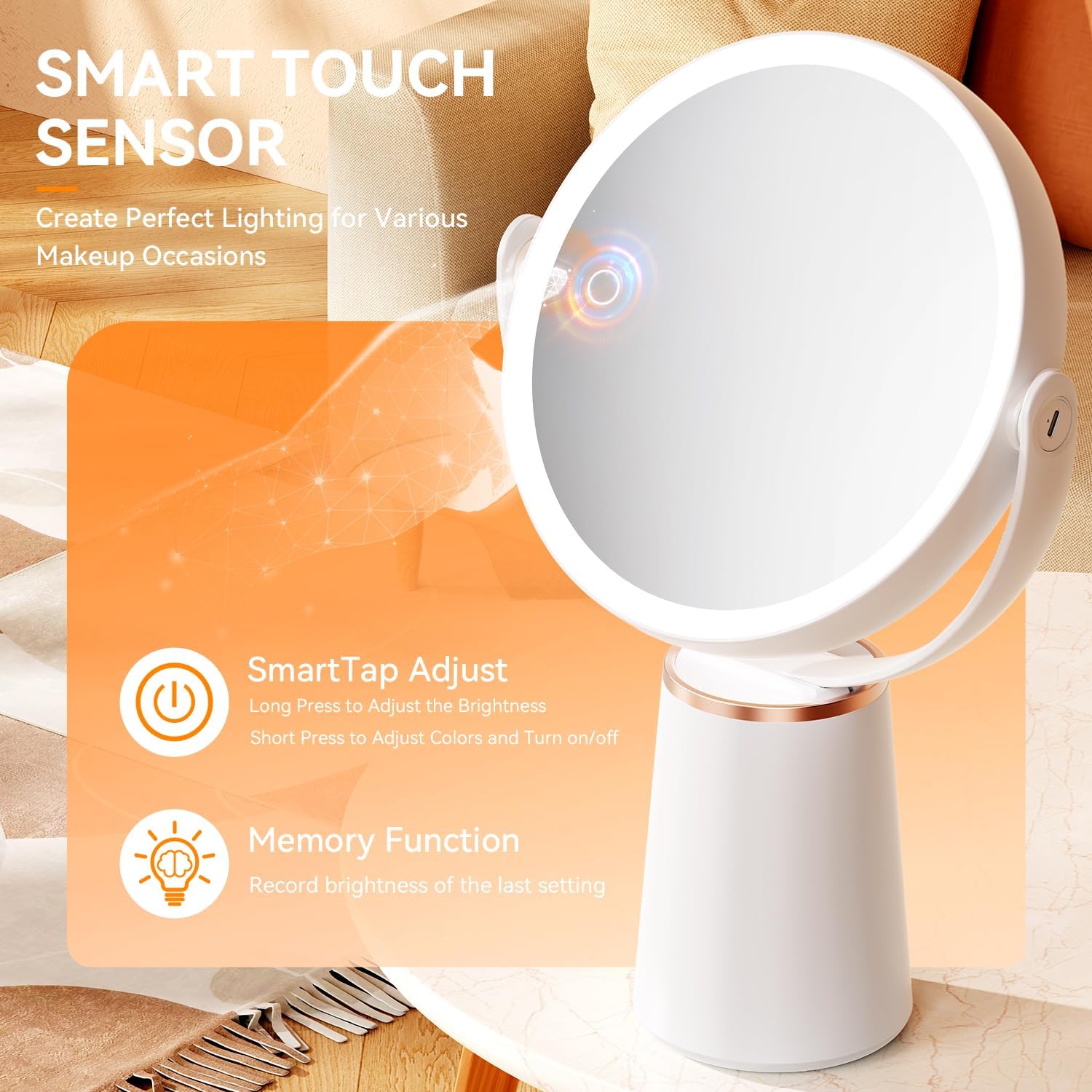 Auxmir - miroir grossissant double face - 64 LED, 3 couleurs, 2000mAh, rotation 360°