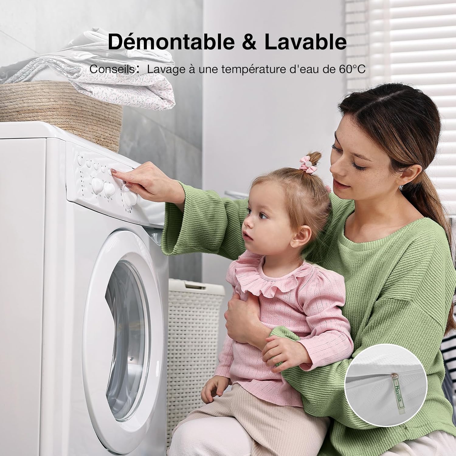 Novilla - surmatelas série mémoire de forme - 120x200 cm - 7,5 cm, housse lavable, antidérapant, sangles élastiques