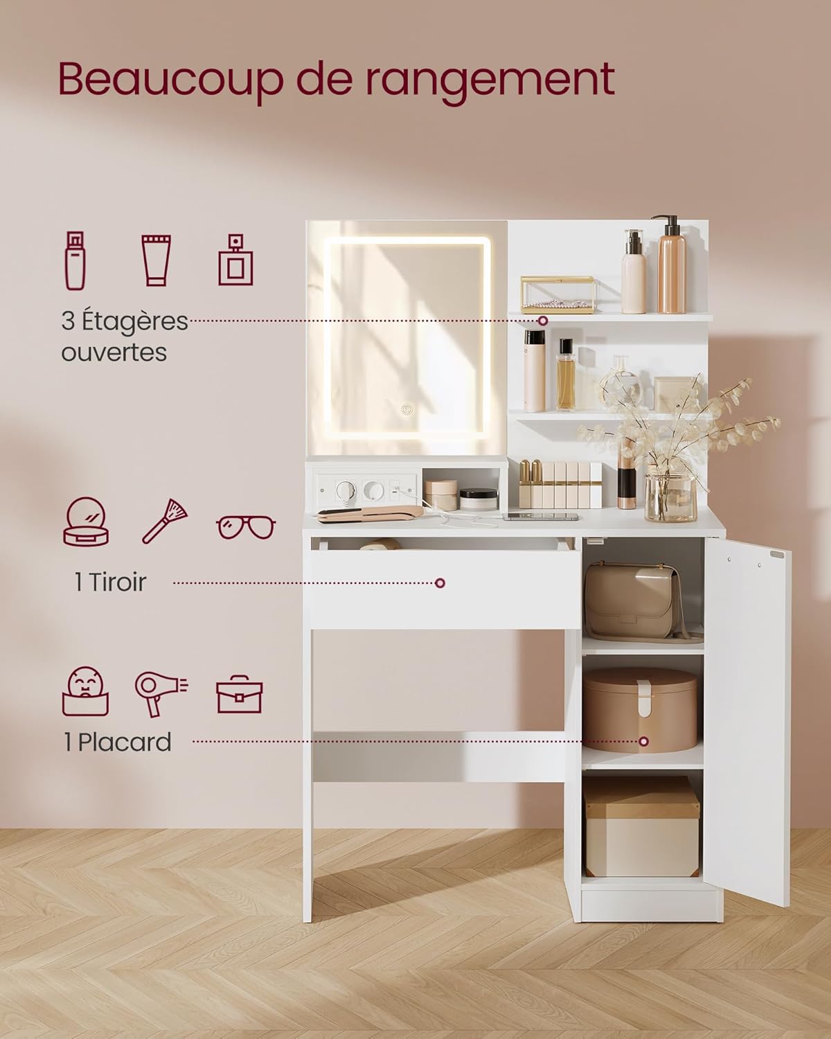 VASAGLE - Kailyn Collection - coiffeuse LED, tabouret, tiroir, 2 étagères, multiprise, blanc - RDT738W01