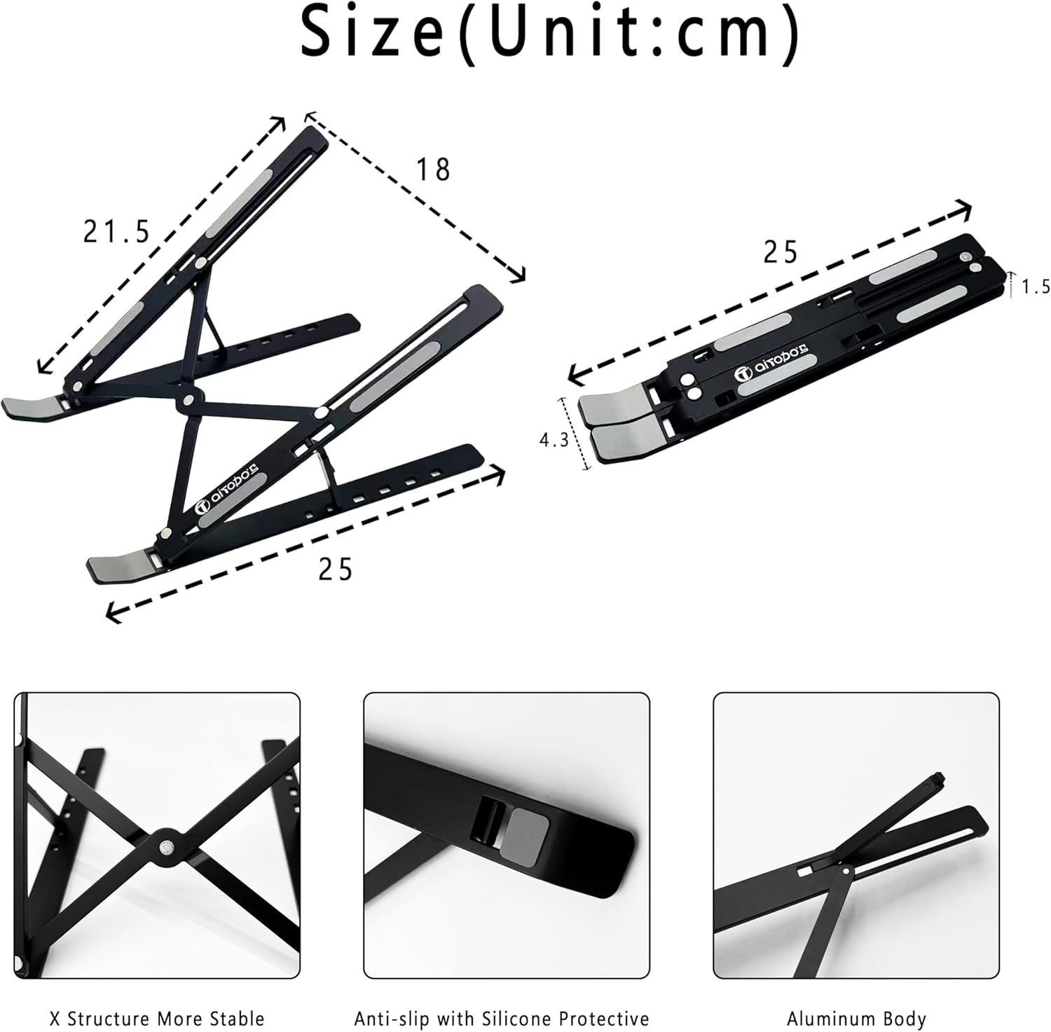 AiTodos - Support ordinateur portable aluminium - léger pliable, 6 réglages, dissipation chaleur, compact - Noir