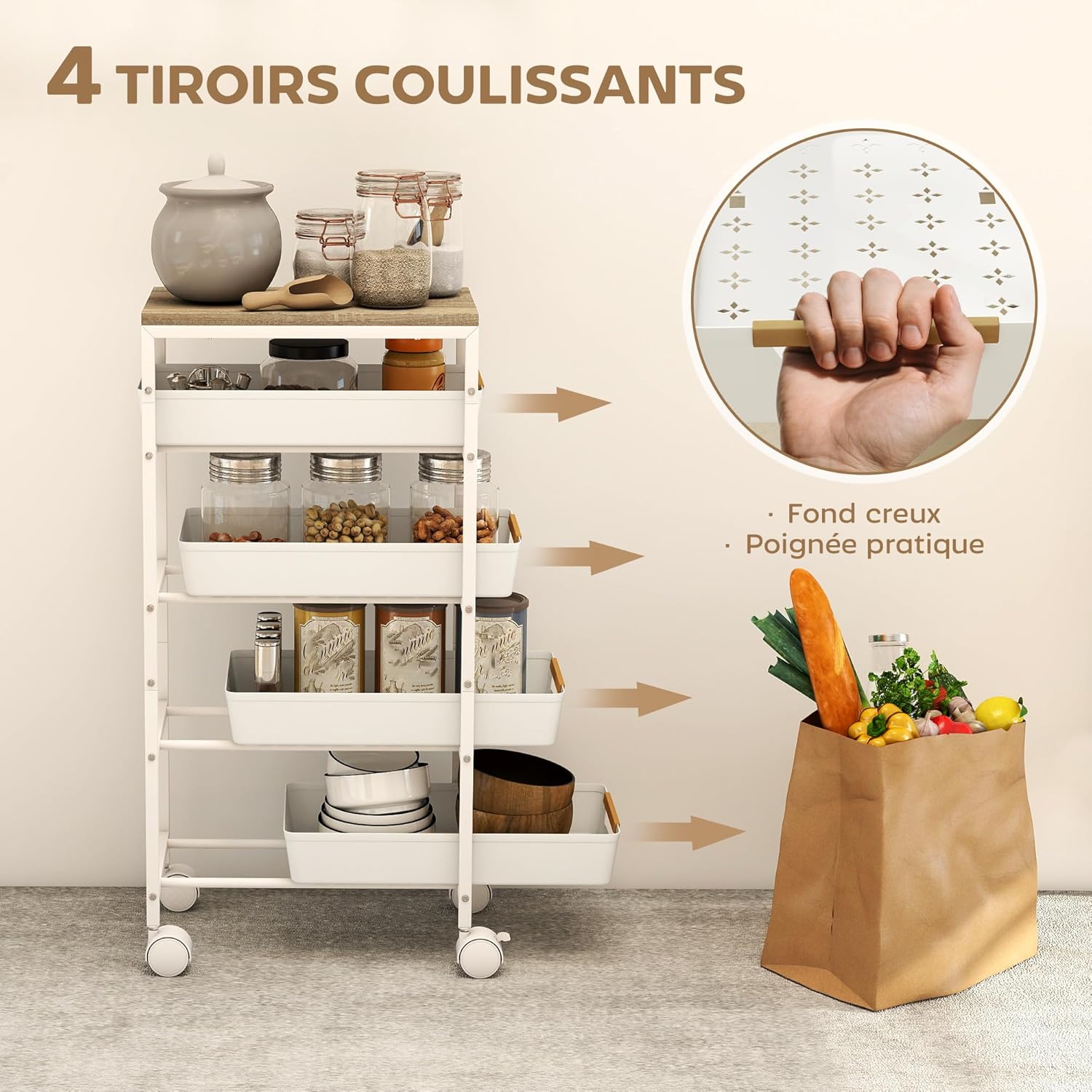 HOMCOM - desserte cuisine 5 niveaux - 4 tiroirs, roulettes, blanc
