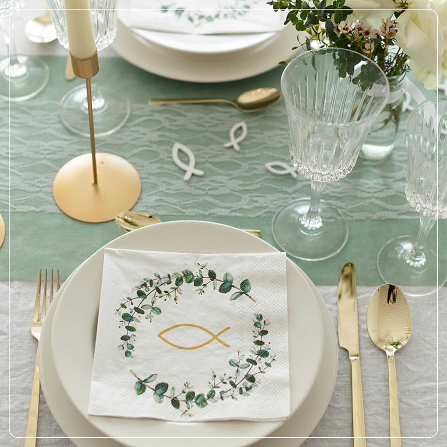 100%Mosel - Chemin de table, vert eucalyptus - 30x2500cm - non-tissé décoratif pour fêtes