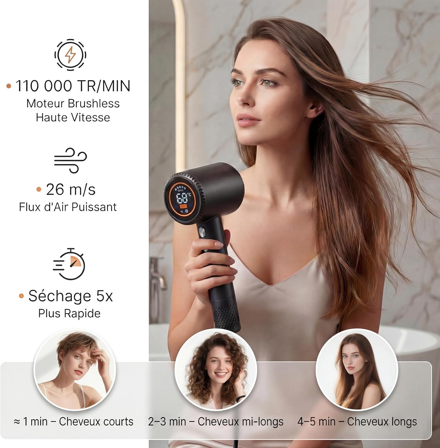 Sèche-cheveux professionnel ionique - moteur brushless, silencieux, 110000 TR/MIN