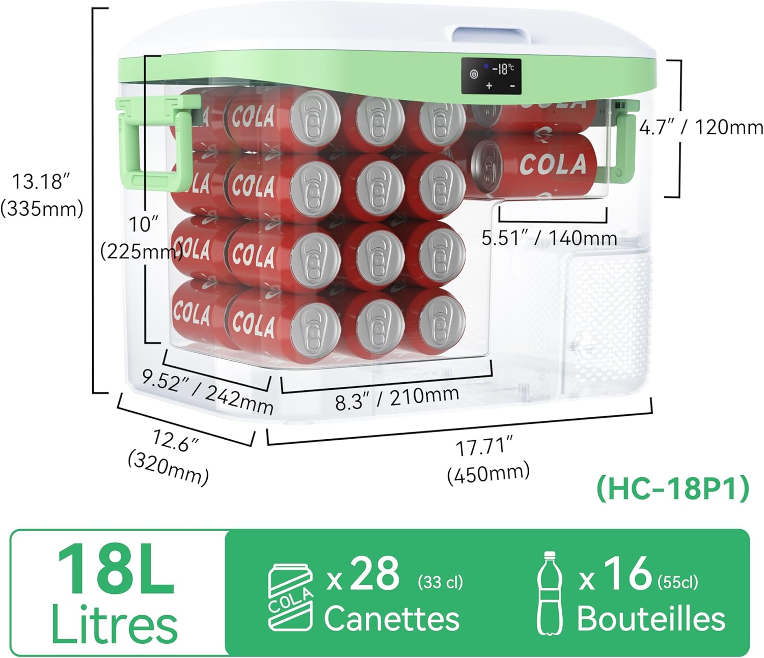 BINGI - Glacière électrique 18L - Refroidissement rapide, -18°C, 12V/24V/220V