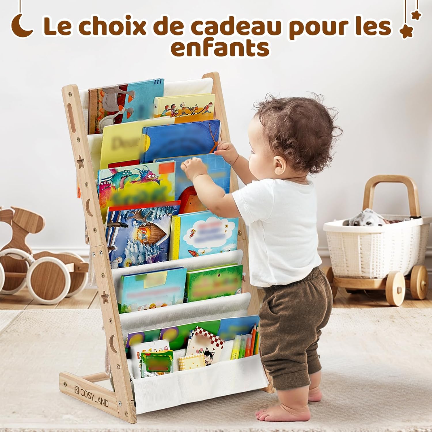 COSYLAND - Bibliothèque enfant 7 niveaux 42,5cm bois massif, stable