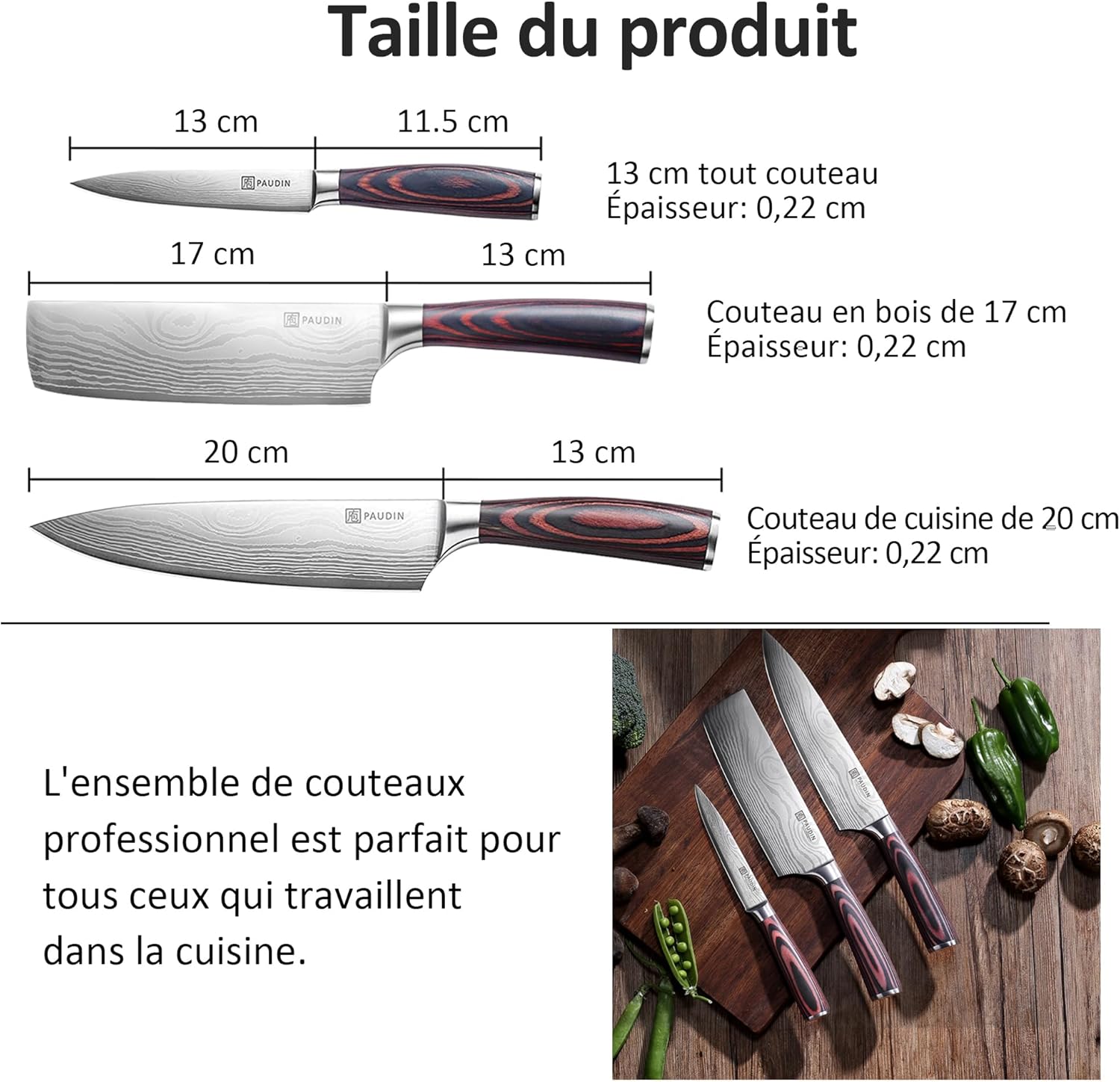 PAUDIN - Set de couteaux (série chef) - 20/17/13cm - inox allemand, manche bois