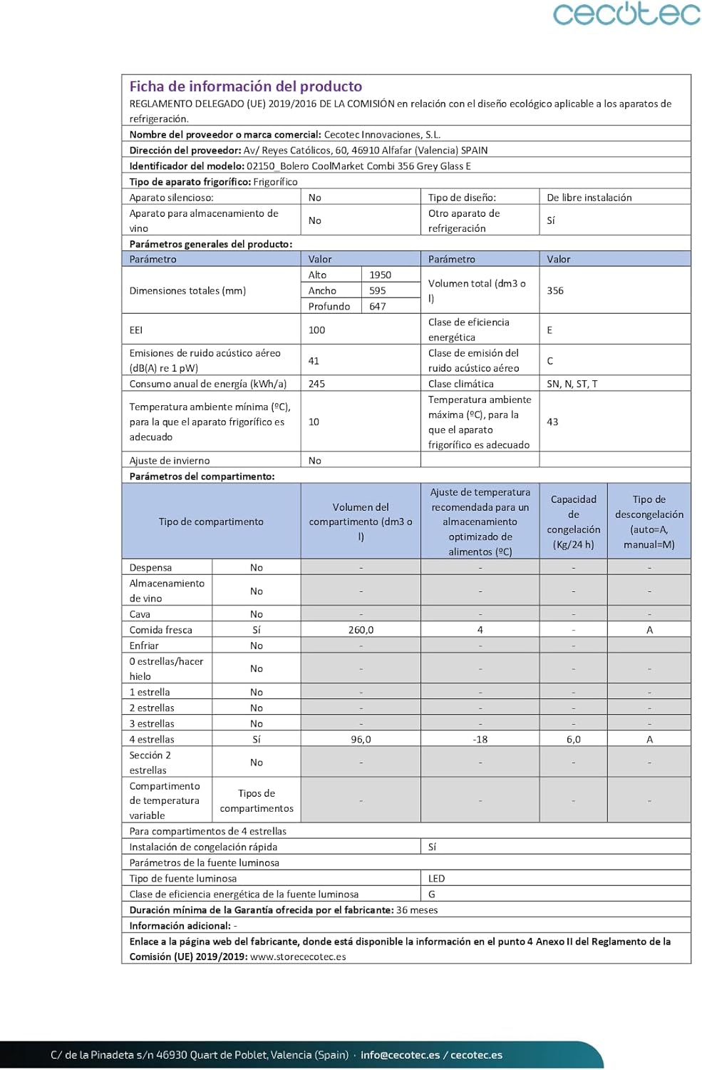 Cecotec - Bolero CoolMarket Combi - 356L - No Frost, MultiAirFlow, classe E