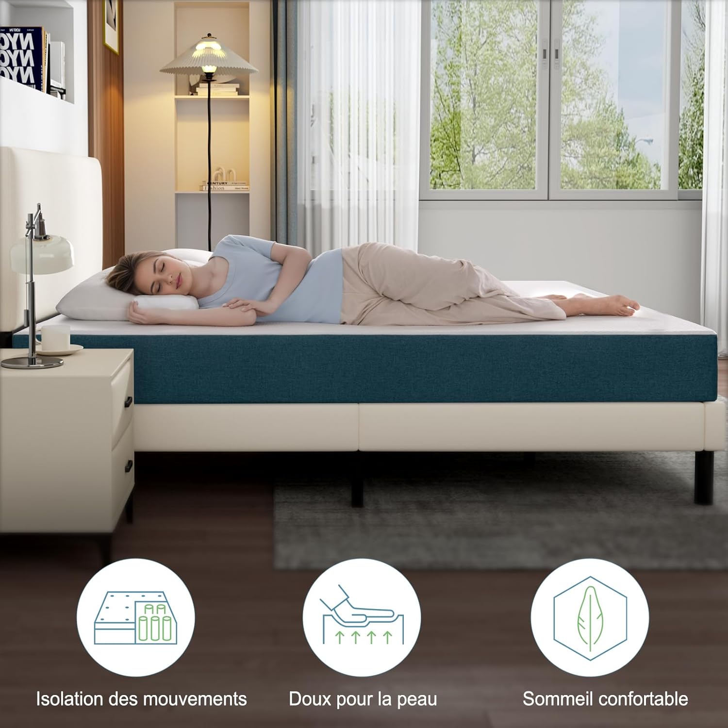Matelas mousse mémoire, 140x190cm, 22cm, soutient moyen, réversible
