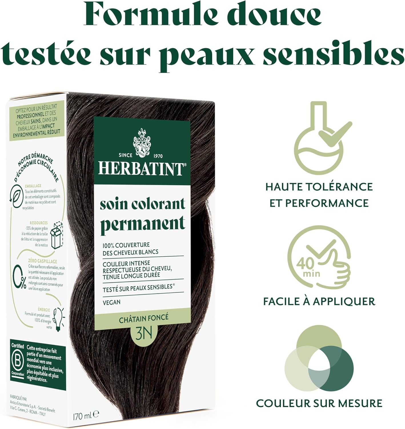 Herbatint - Soin Colorant Permanent 170ml - Châtain Foncé, Sans Ammoniaque, 8 extraits bio, 3N