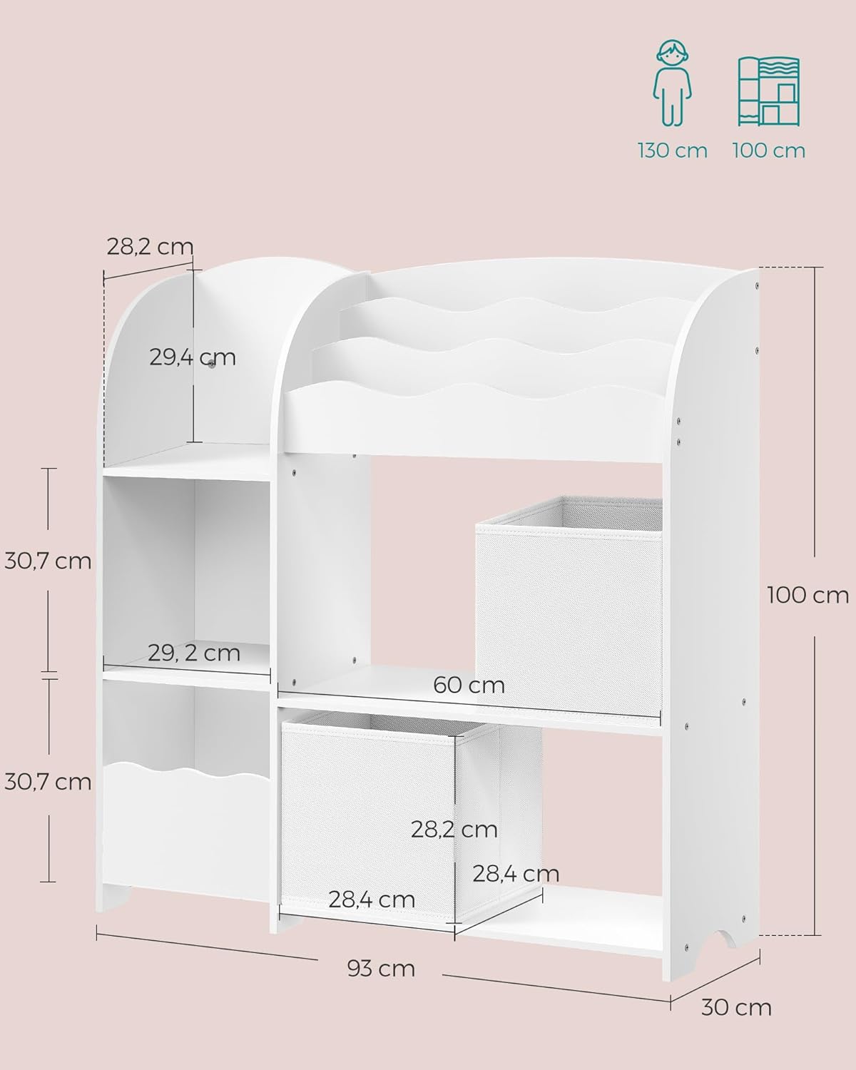 SONGMICS – Étagère enfants – 2 bacs, rangement jouets et livres, blanc nuage, GKR042W01