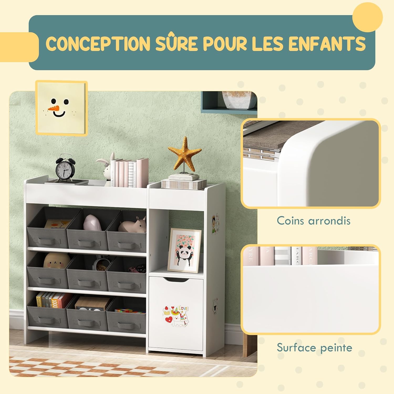 AIYAPLAY - étagère enfant 9 tiroirs tissu et placard, rangement jouets, blanc