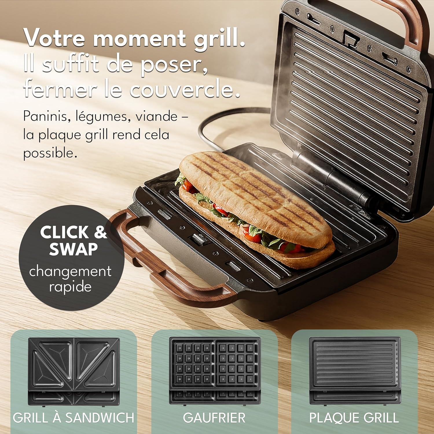 LEBENLANG - Appareil 3 en 1 - 750W, 3 plaques, grill, gaufre, sandwich