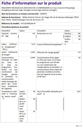 Comfee - lave-linge frontal 9kg, Classe A, BLDC 1400tr, 15 programmes, CFE12EW90-W
