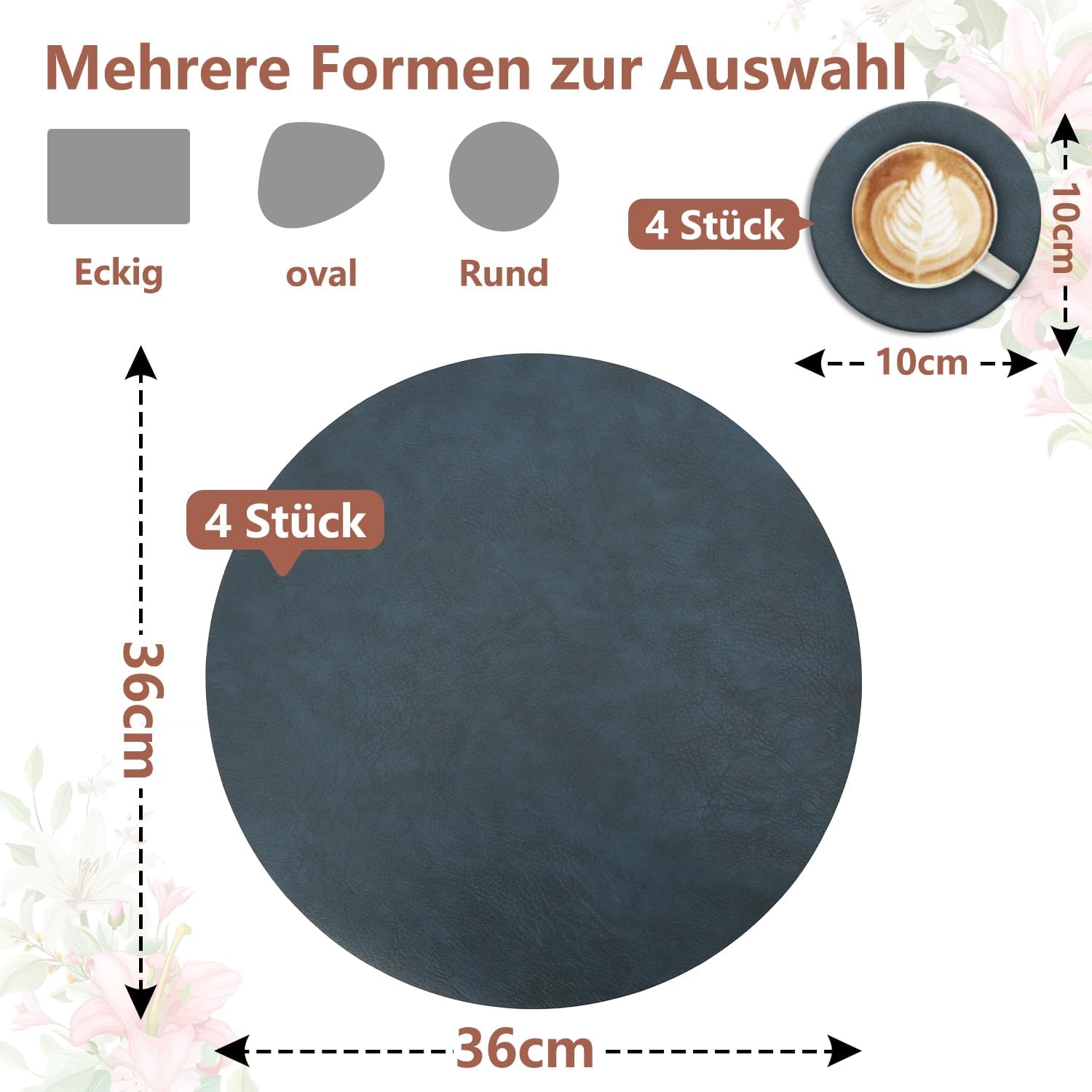 Set de table - lot de 4 en cuir PU, double face, 36x36cm, antidérapant