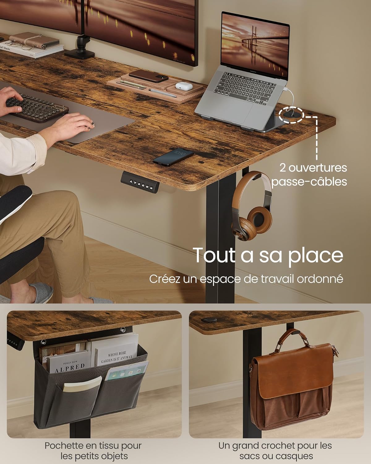 SONGMICS - Bureau électrique réglable 180x80 cm, 4 hauteurs mémorisables, marron rustique LSD138K01
