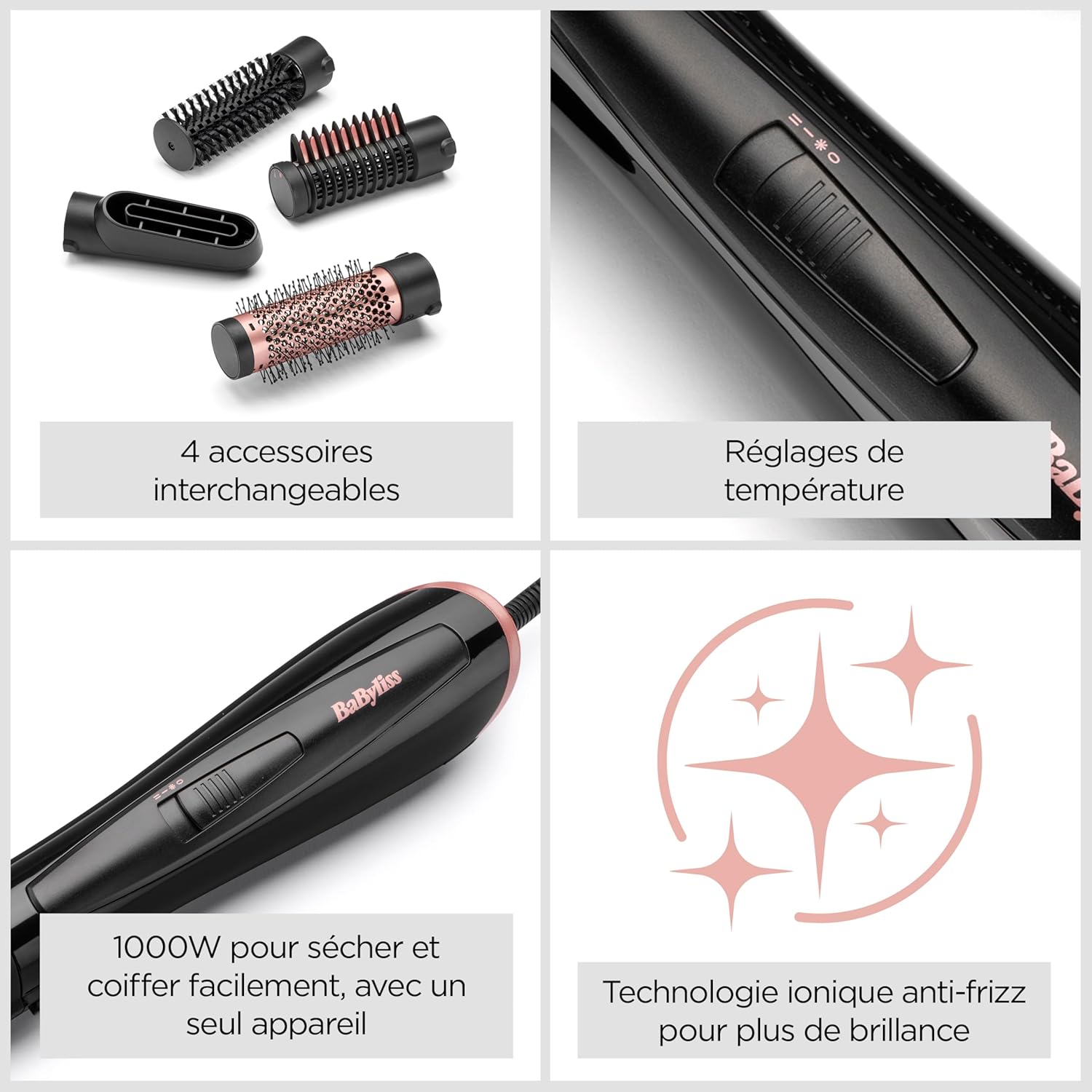 BaByliss - Brosse soufflante Perfect Finish - 3 embouts, ionique, 2 vitesses, bouton air froid - AS126E