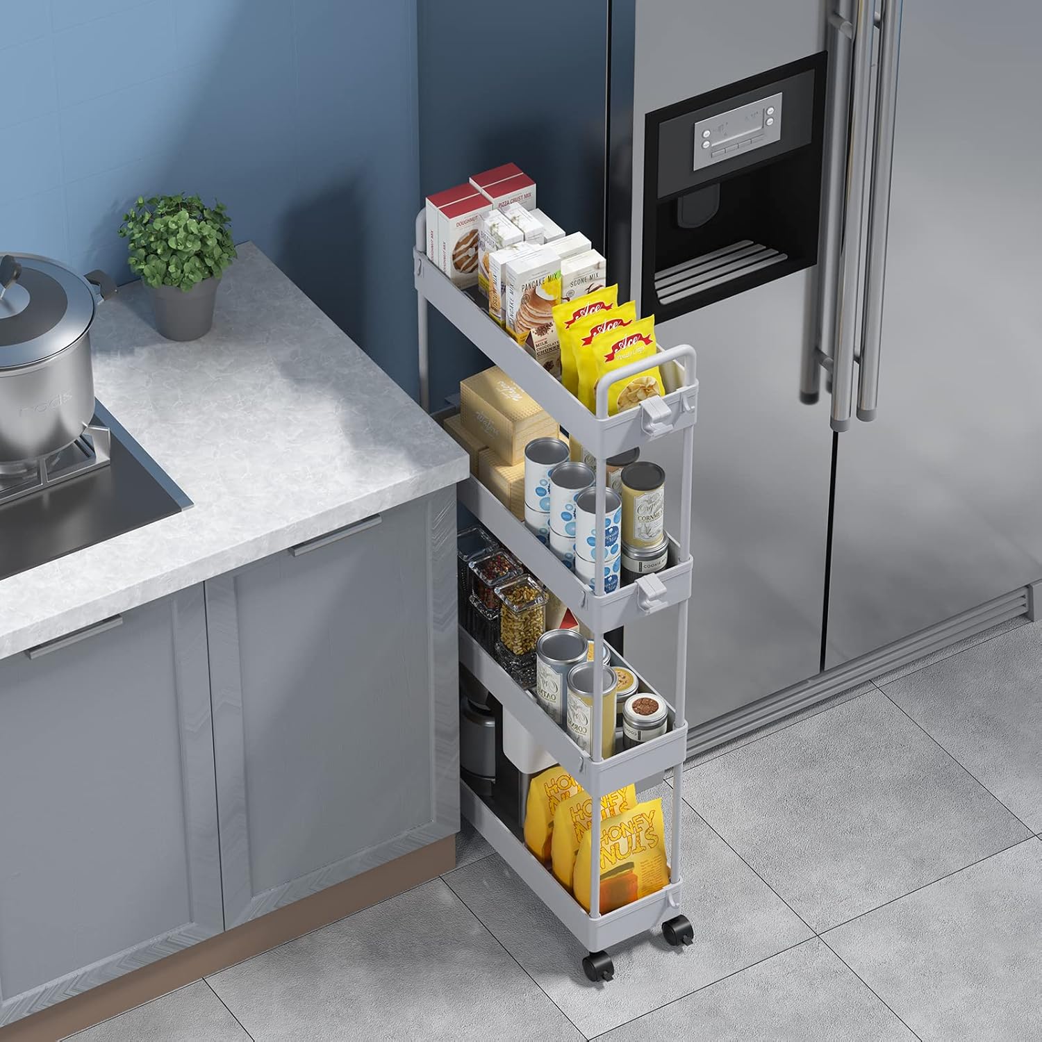 SOLEJAZZ – Chariot rangement 4 niveaux, plastique gris, mobile, cuisine/salle de bain/linge