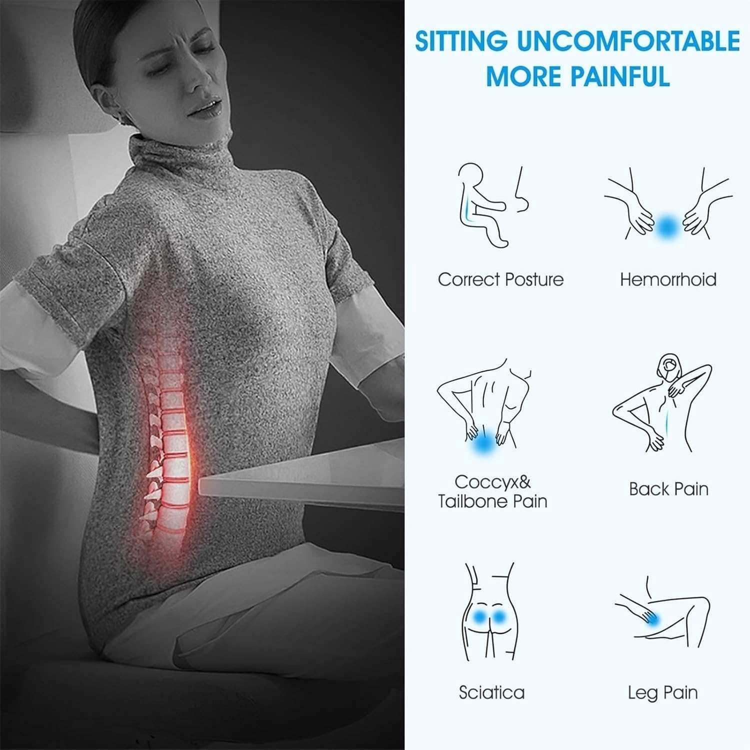 Feagar - Coussin mémoire ergonomique - 45x35cm - soutien coccyx, siège auto/bureau, soulagement sciatique