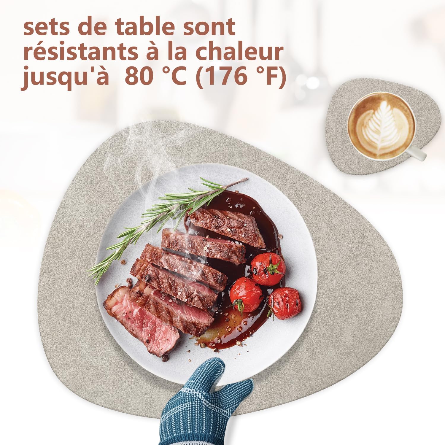 Set de table - lot de 4, cuir PU double face, 41x33cm, lavable, antidérapant, gris clair/bleu clair