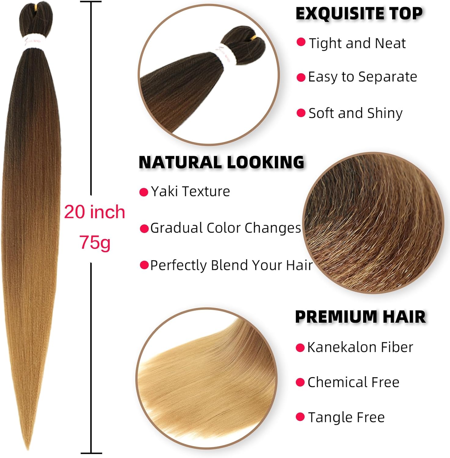 Meches cheveux tressés pré-étirés 20 pouces, ombré noir/brun, 6 paquets, lisse Kanekalon, T1B/30/27#