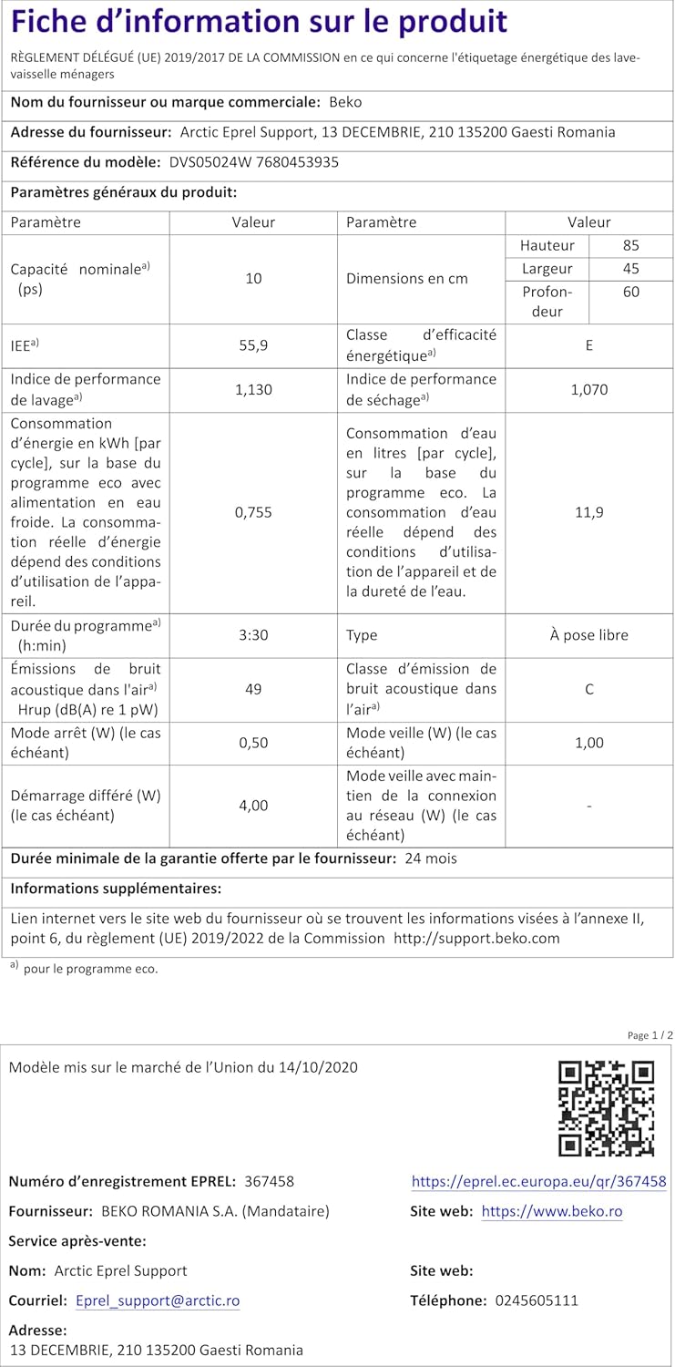 Beko - lave-vaisselle 10 couverts compact 45cm, autoportant - DVS05024W