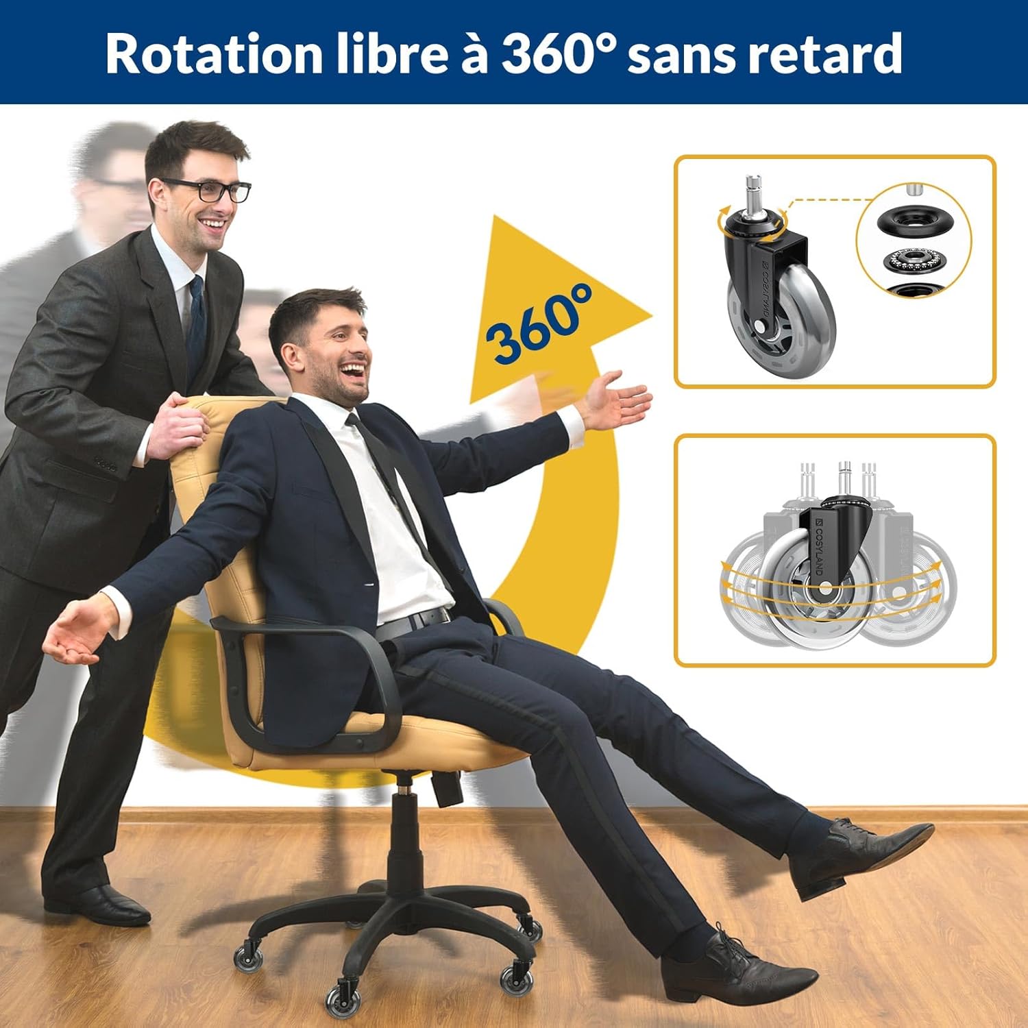 COSYLAND - roulette chaise bureau - 11x22mm - 300kg, 360° fluide, 7.5cm, argenté