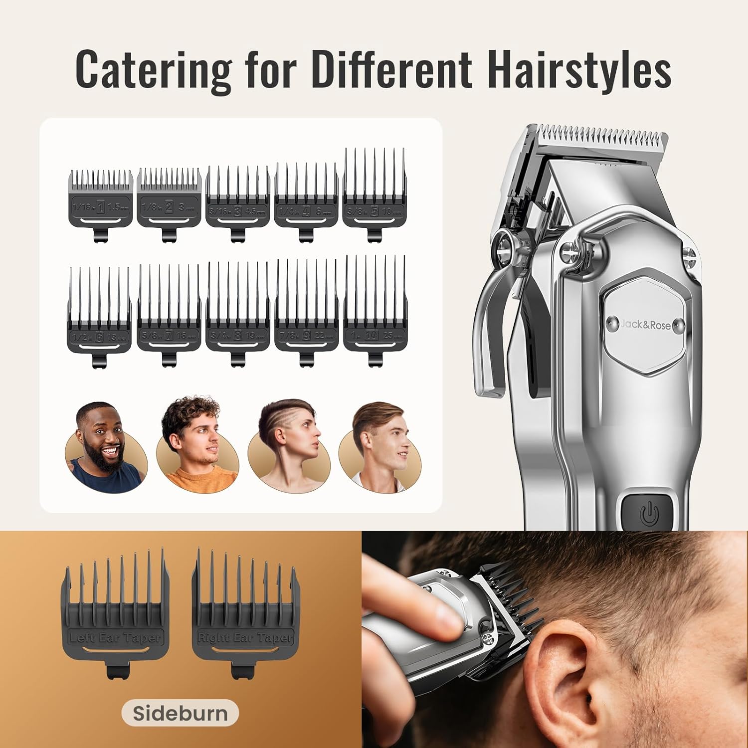 Jack & Rose - tondeuse pro sans fil, étanche IPX7, LED, USB, coupe barbe et cheveux