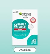Le texte se lit comme suit : « Garnier », « J'ACHÈTE ». Mise en page publicitaire de produits de soins de la peau de couleur turquoise montrant l'emballage du produit et les éléments d'interface.